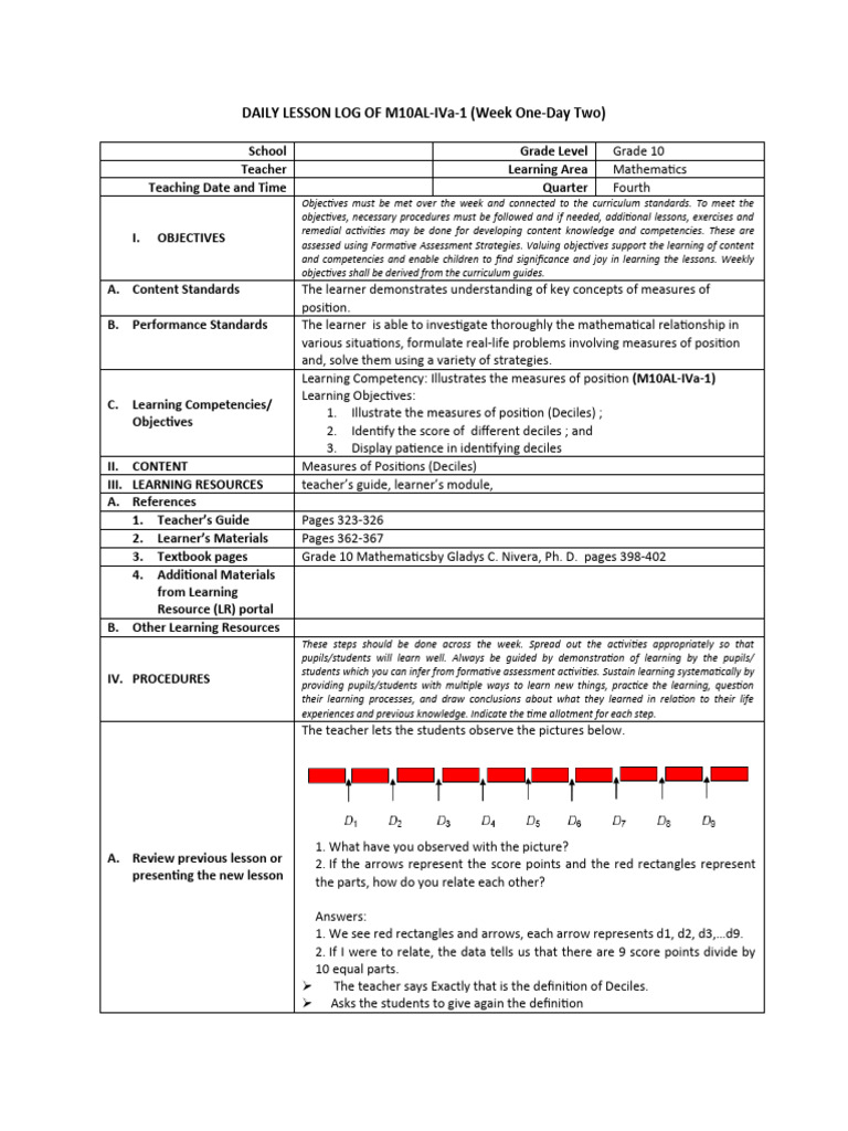 Grade 10 Math Daily Lesson Plan | PDF | Learning | Curriculum
