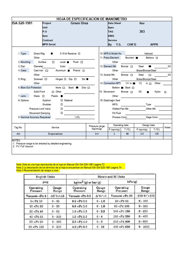 1 1 Hoja Especificación ISA de Manometro en Terreno 1 | PDF ...