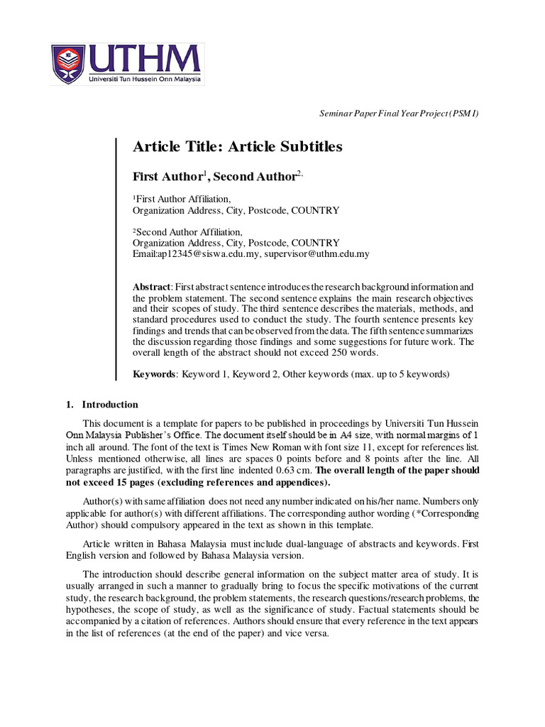 Seminar Paper Template for UTHM | PDF | Methodology | Abstract (Summary)