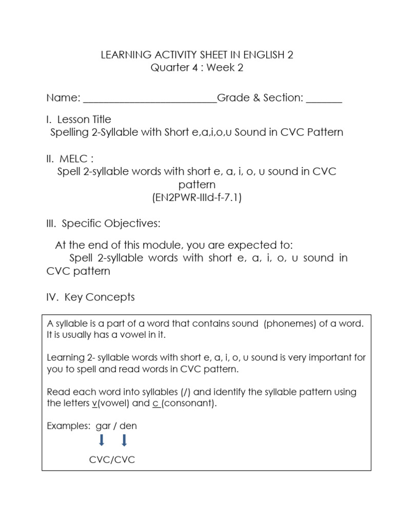 Spelling 2-Syllable CVC Words Activity | PDF | Language Arts & Discipline