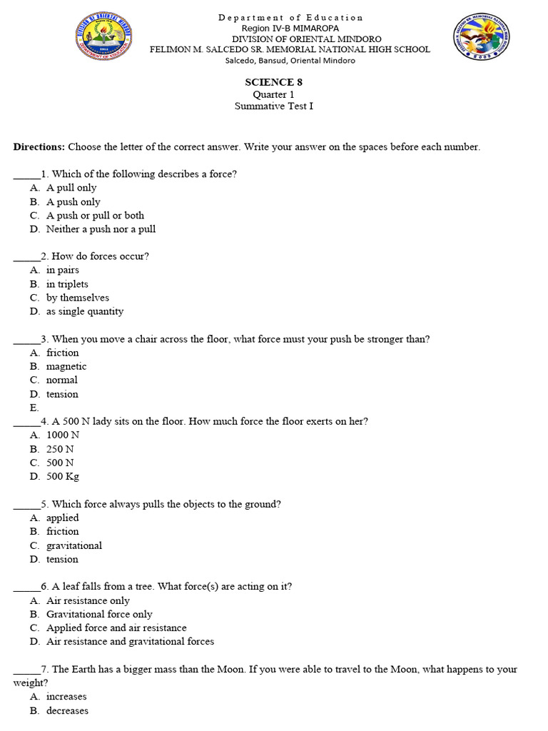 Science 8 Quarter 1 Summative Test | PDF | Force | Newton's Laws Of Motion