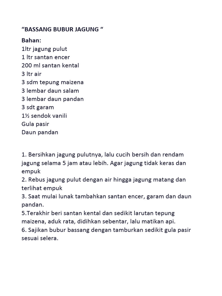 Resep Bubur Bassang Jagung Pulut | PDF