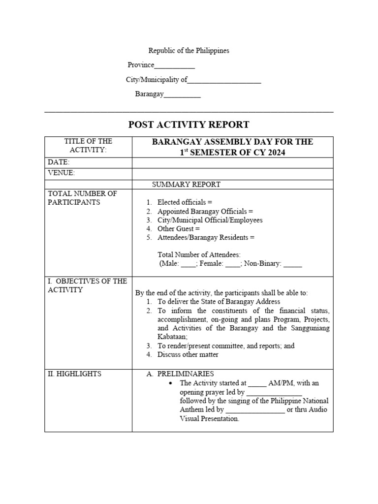 Barangay Assembly Day Report 2024 | PDF