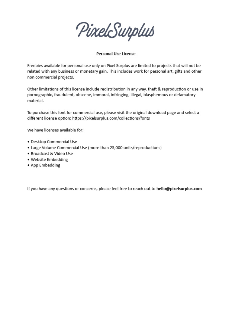 Free Personal Use License - Pixel Surplus | PDF