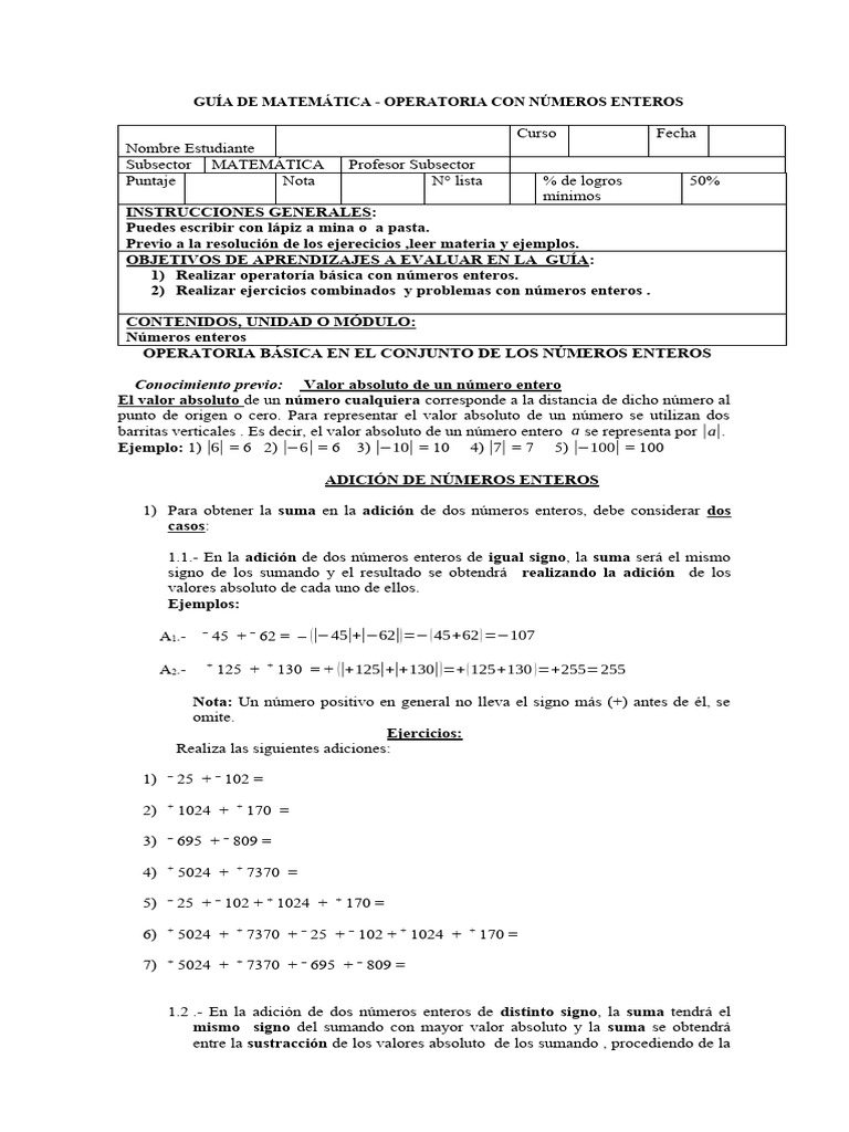Guía de Operatoria con Enteros | PDF | Entero | Sustracción