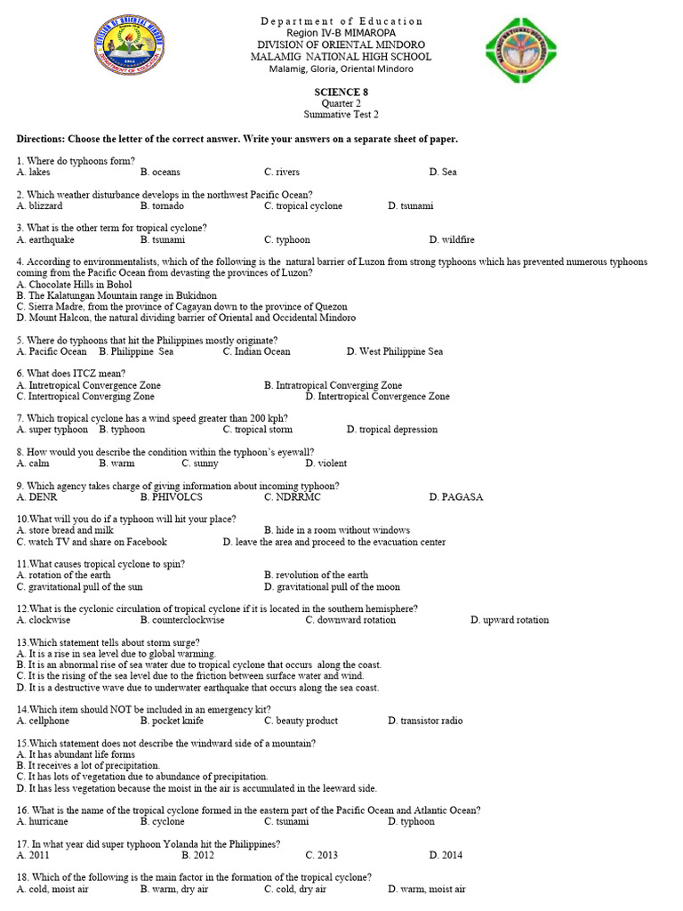 Grade 8 Science Typhoon Test | PDF | Tropical Cyclones | Precipitation