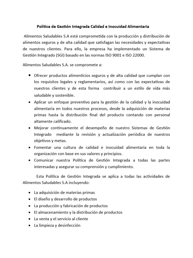 Política de Calidad e Inocuidad Alimentaria | PDF | Calidad (comercial ...