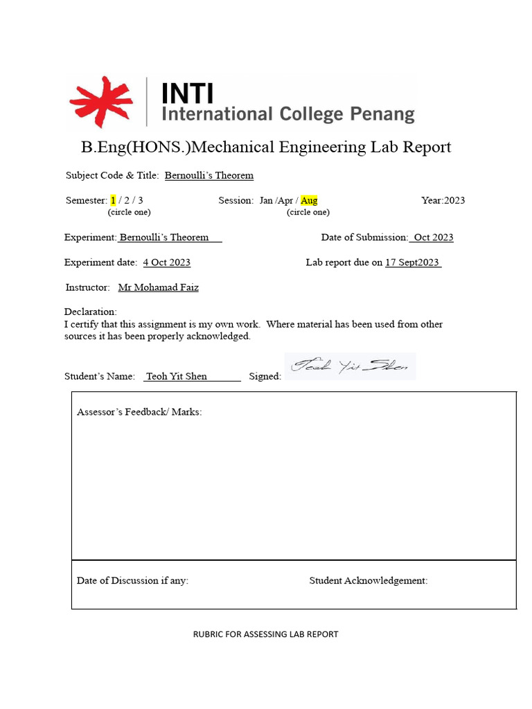 Lab Report (Bernoulli's Theorem) PDF Fluid Dynamics Pressure