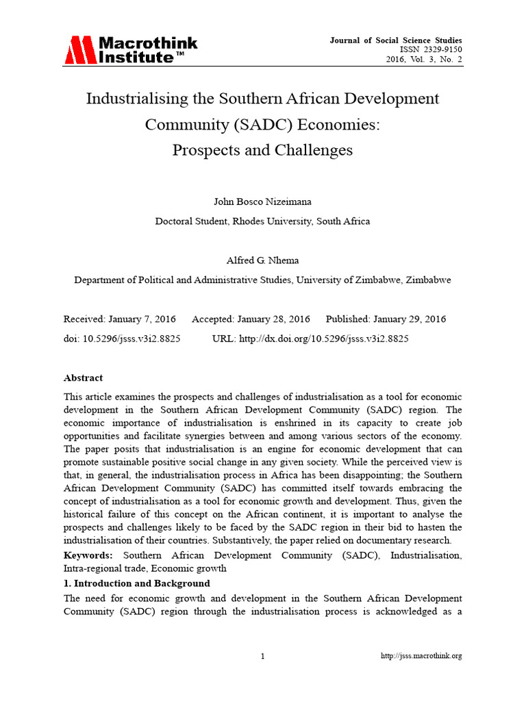 SADC Industrialisation: Prospects & Challenges | PDF | Regional ...