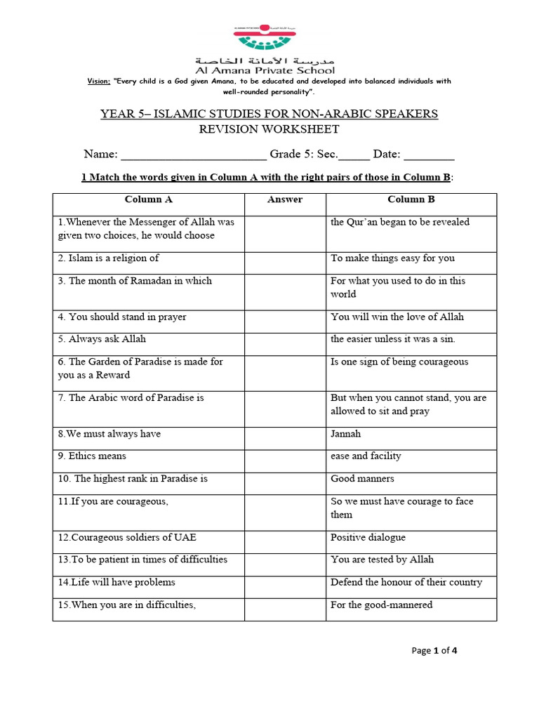 Grade 5 Islamic Studies Revision Worksheet | PDF | Prophets And ...