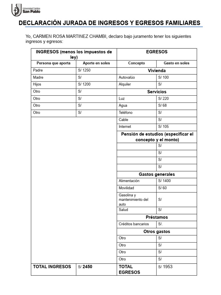 Formato de Declaración Jurada de Ingresos y Egresos Familiares v9 9 1 ...