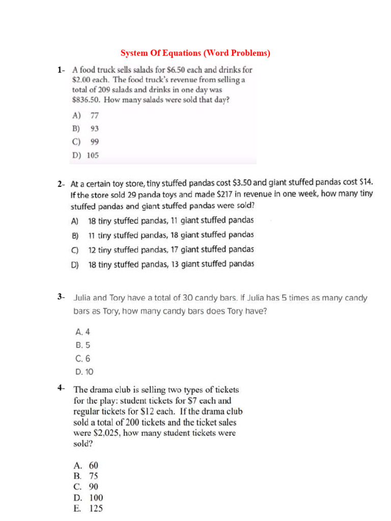 System Of Equations Act Sat Est Pdf