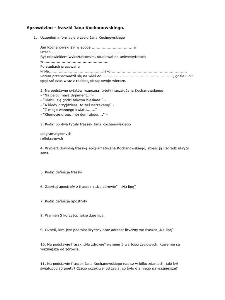 Sprawdzian Z Fraszek Klasa 7 Sprawdzian fraszki | PDF