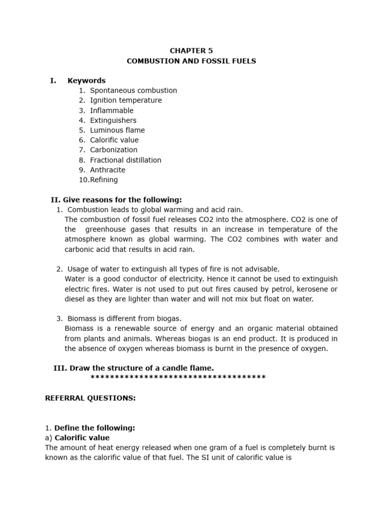 Std 8 Chap 5 Combustion And Fossil Fuels Cw Notes Download Free Pdf
