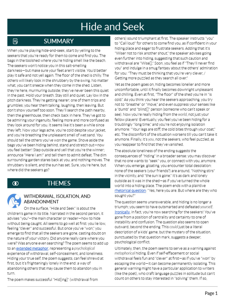 Hide and Seek (Summary, Analysis & Themes) | Download Free PDF | Metre ...