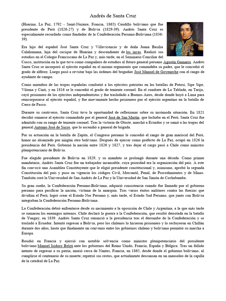 Biografía de Andrés de Santa Cruz | PDF | América del Sur