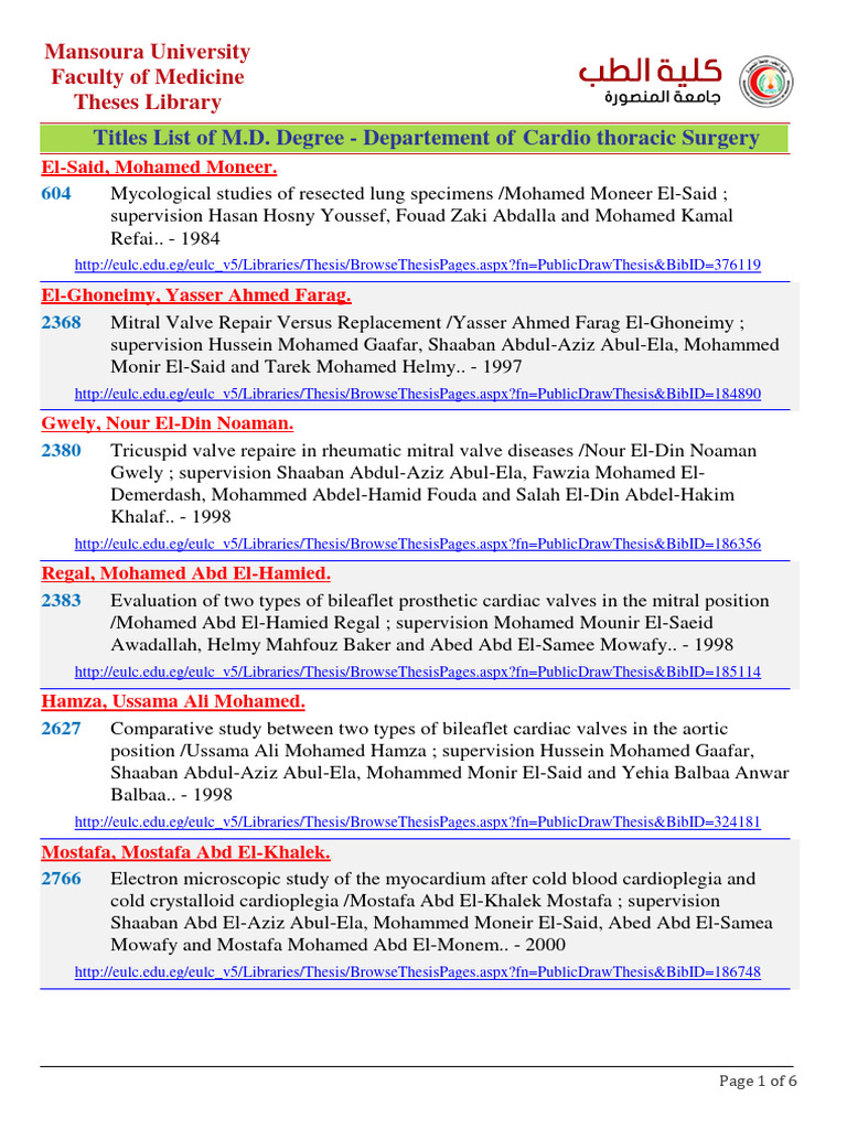 Cardio Thoracic Surgery2 Pdf Heart Valve Coronary Artery Bypass