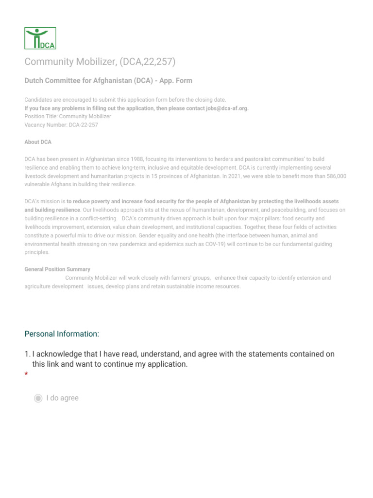 DCA Community Mobilizer Application Form | PDF | Food Security ...