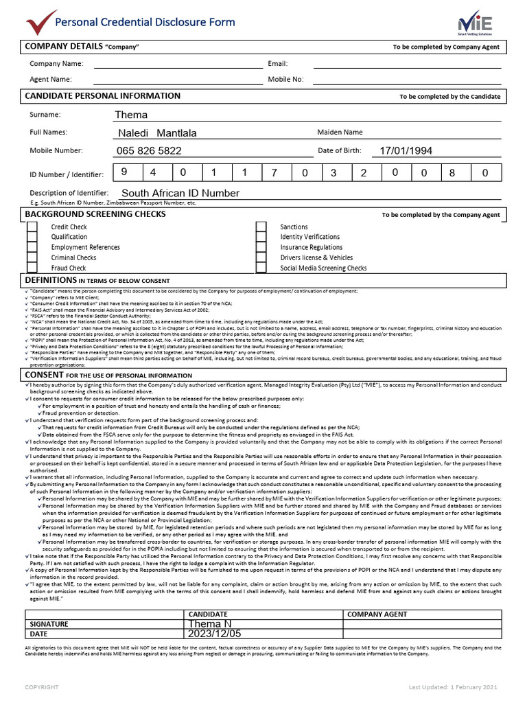 MIE Personal Credential Disclosure Form 2021 | Download Free PDF ...