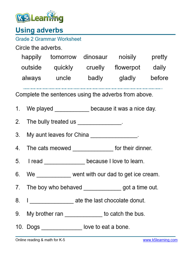 Adverb Practice Worksheet for Grade 2 | PDF