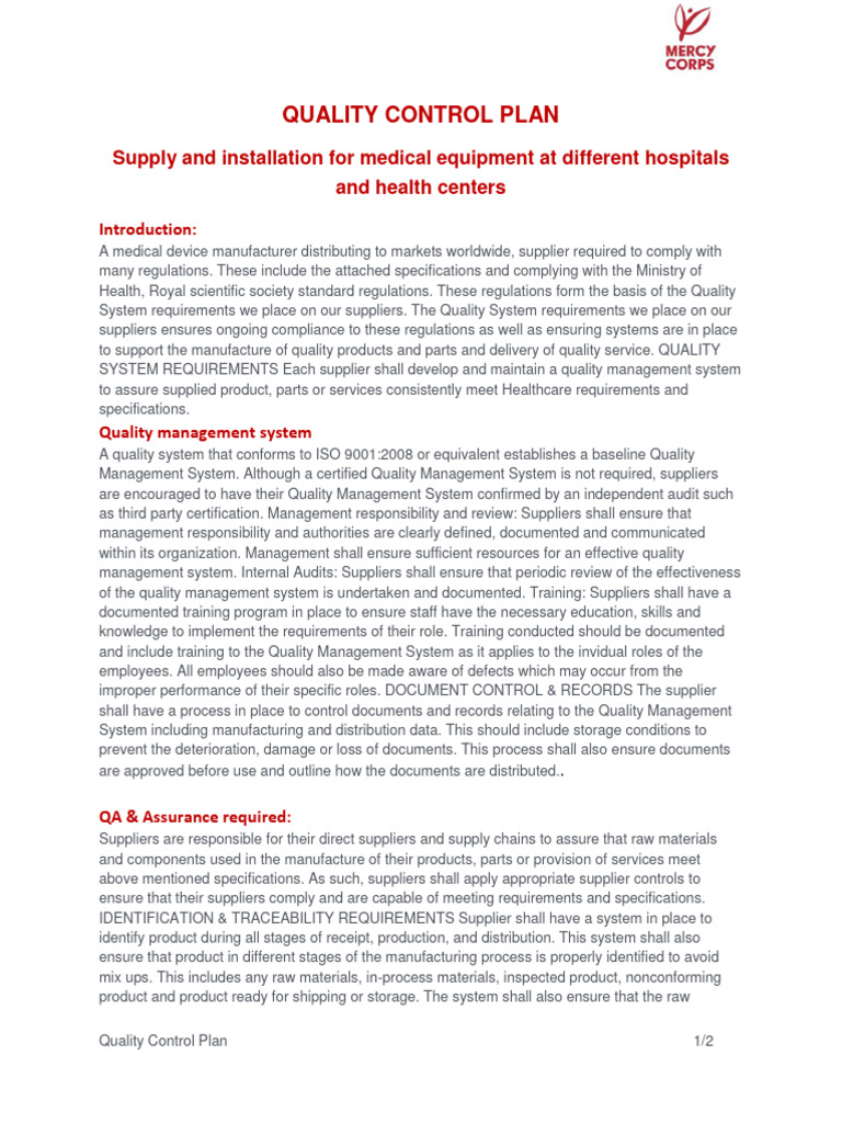 Quality Control Plan for Medical Equipment | PDF | Quality Management ...