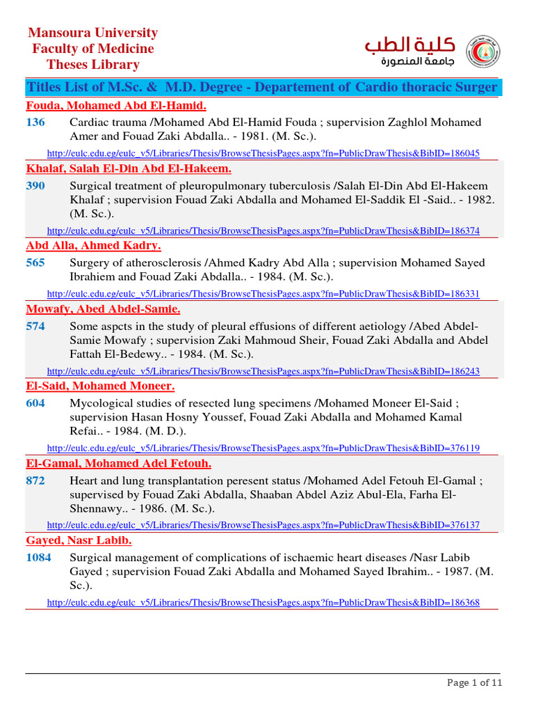 Cardio-Thoracic Surgery Theses List | PDF | Coronary Artery Bypass ...
