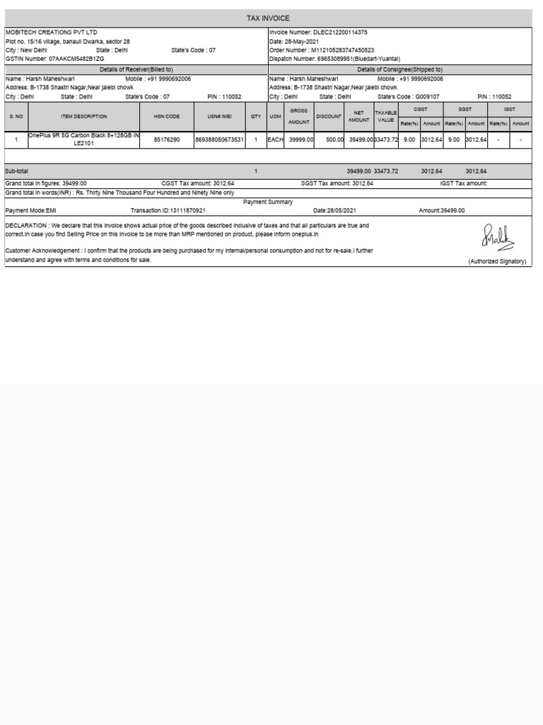 Tax Invoice for OnePlus 9R Purchase | PDF | Invoice | Taxes