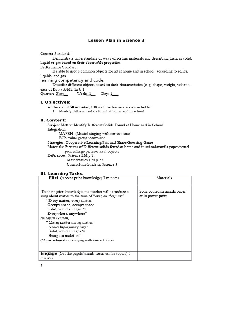 Science Lesson Plan: Solids for Grade 3 | PDF | Learning | Lesson Plan