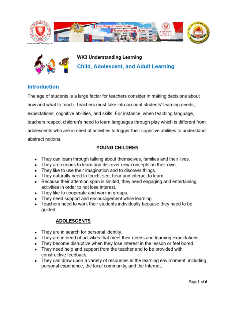 WK3 Child, Adolescent, and Adult Learning | PDF | Pedagogy | Learning