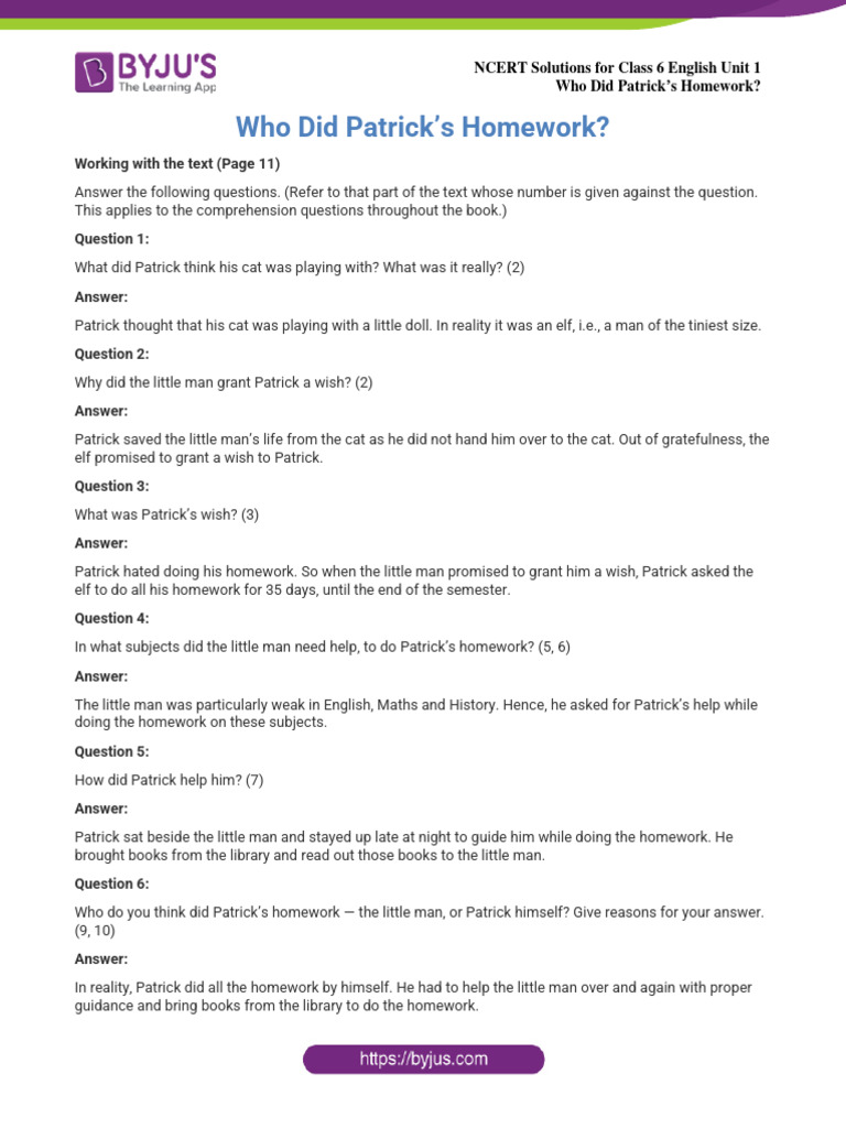 NCERT Solutions for Class 6 English Unit 1 Who Did Patricks Homework PDF