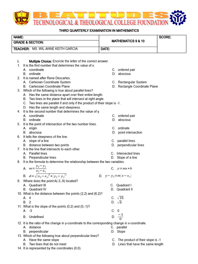 Math 9 & 10 Quarterly Exam Guide | PDF | Cartesian Coordinate System ...