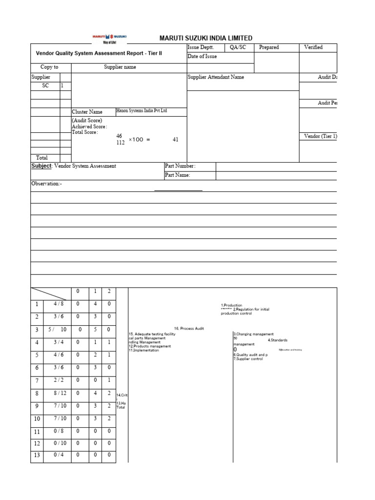 VSA Audit Report for MSIL Suppliers | PDF | Audit | Quality Assurance