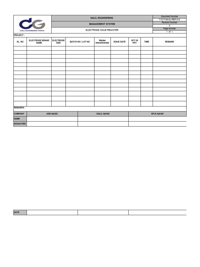 Electrode Issue Register for Galil Engineering | PDF