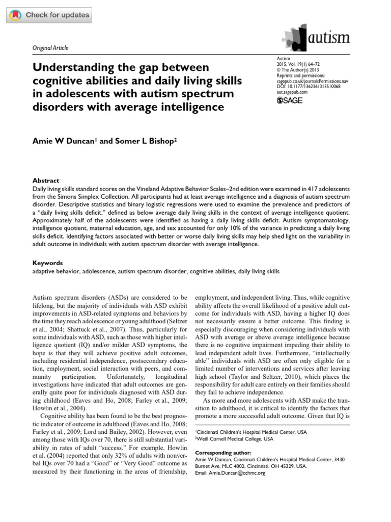 Gap Between IQ and Daily Living Skills | PDF | Autism Spectrum ...