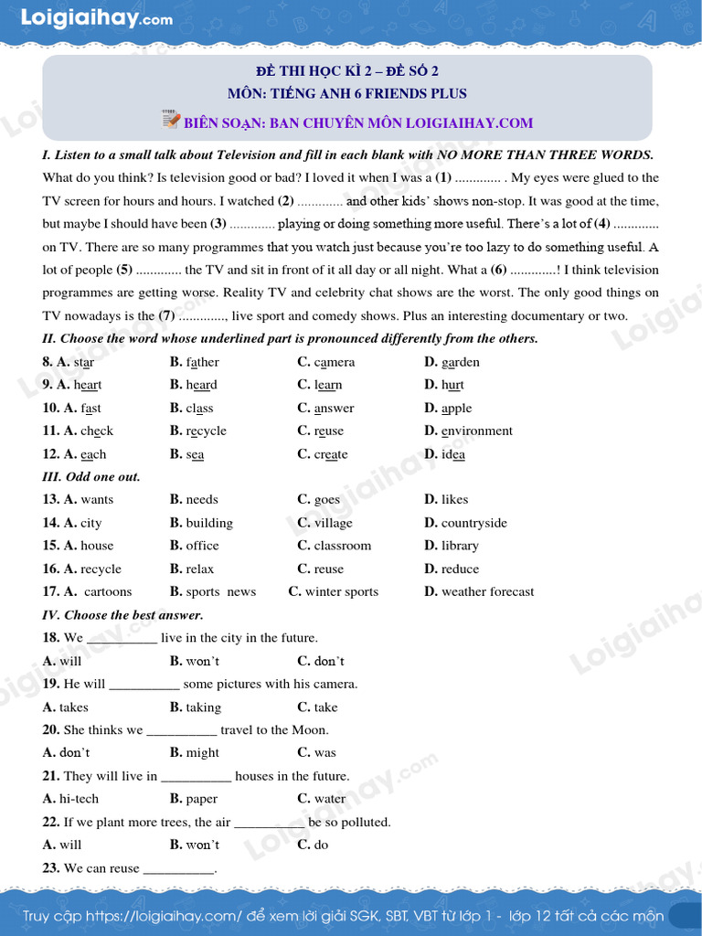 De Thi Hoc Ki 2 Tieng Anh 6 Friends Plus de So 2 1680256242 | PDF
