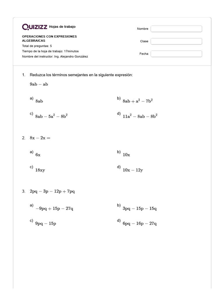 Operaciones con Expresiones Algebraicas | PDF