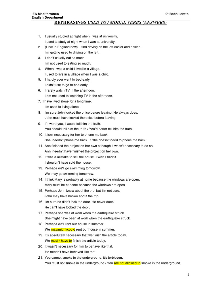 Unit 5 Modal Verbs - Answers | PDF