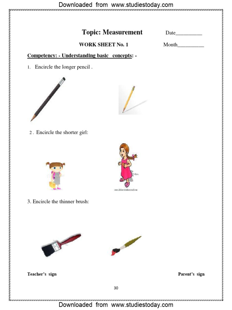 CBSE Class 1 Maths Practice Worksheets (45) - Measurement | PDF