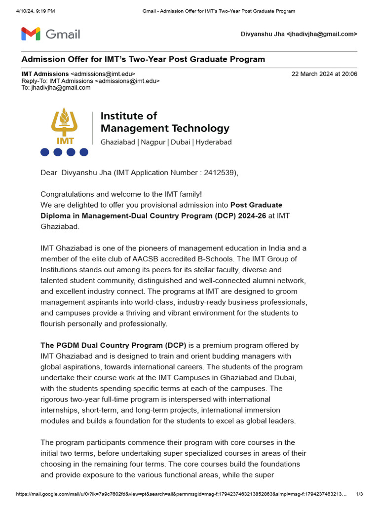 Gmail - Admission Offer For IMT's Two-Year Post Graduate Program | PDF