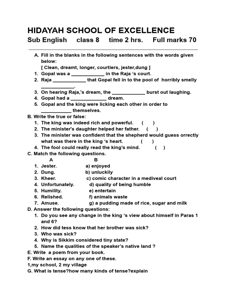 Class 8 English Question Paper PDF