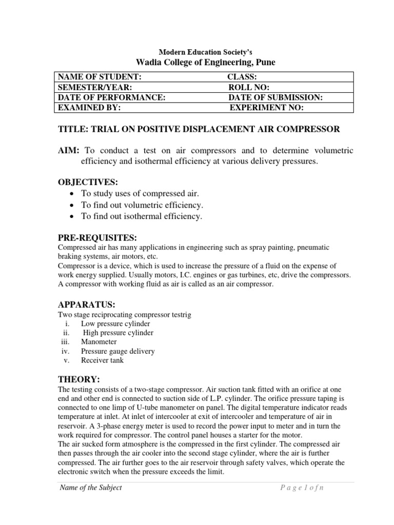 Trial on Air Compressor Efficiency | PDF | Engines | Pressure Measurement