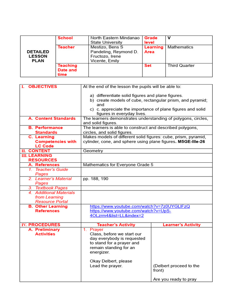 Grade 5 Math Lesson Plan: Geometry | PDF | Shape | Rectangle