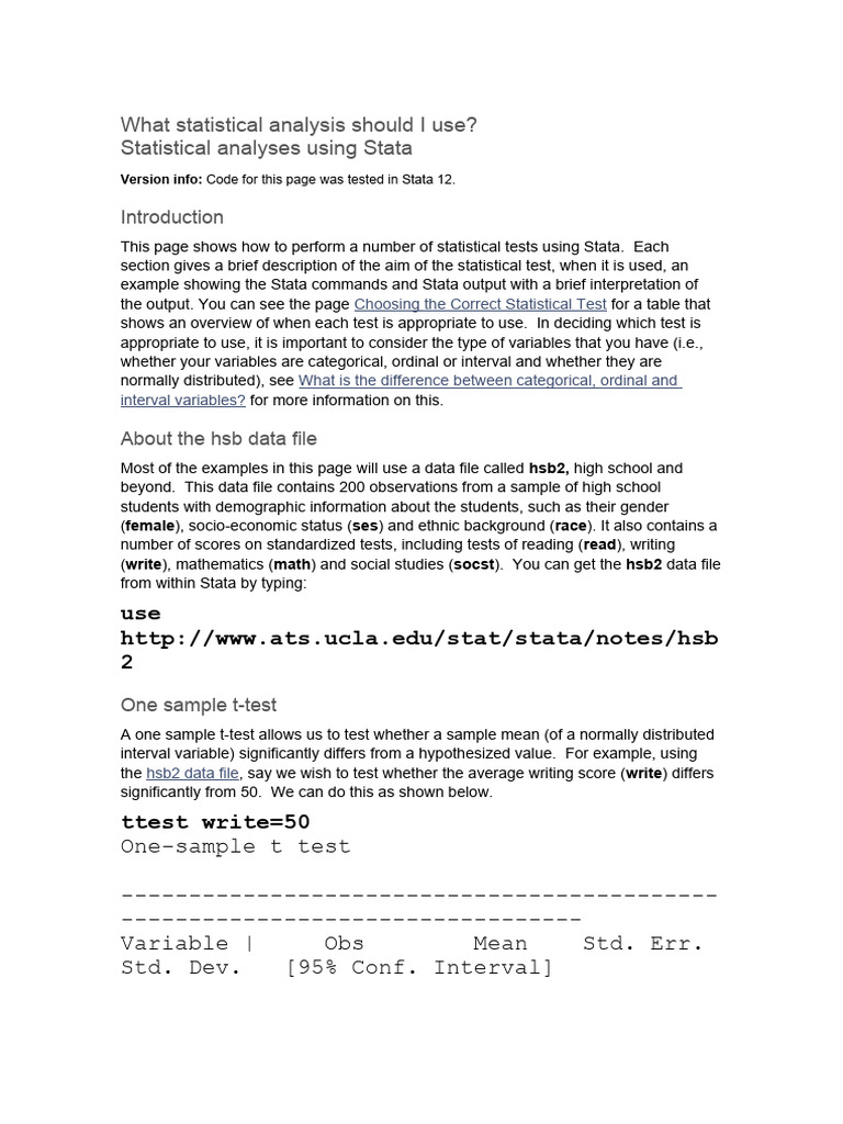 Statistical Tests in Stata Guide | PDF | Student's T Test | Logistic ...