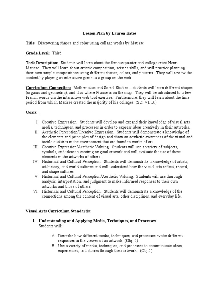 Matisse Collage Lesson Plan by Lauren Bates PDF Composition (Visual