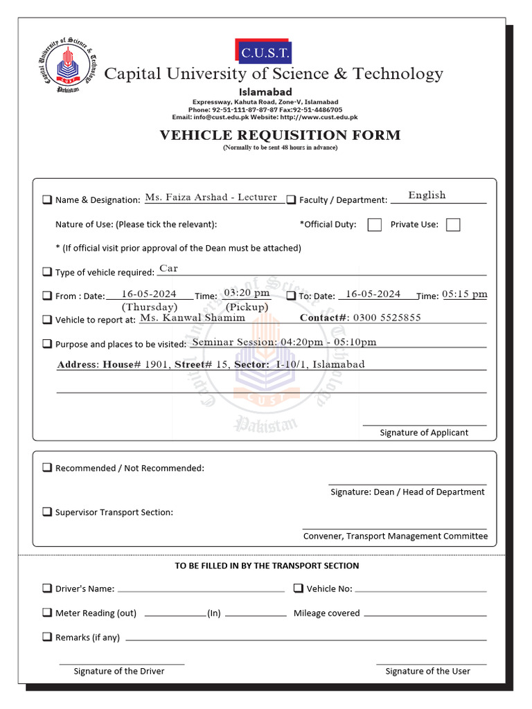Vehicle Requisition Form For Dunya News Islamabad | PDF