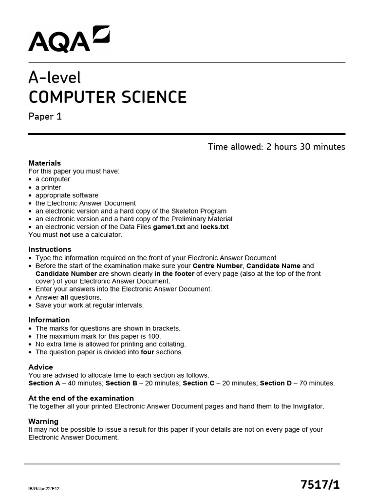 A-Level Computer Science Paper 1 Exam | PDF | Queue (Abstract Data Type ...