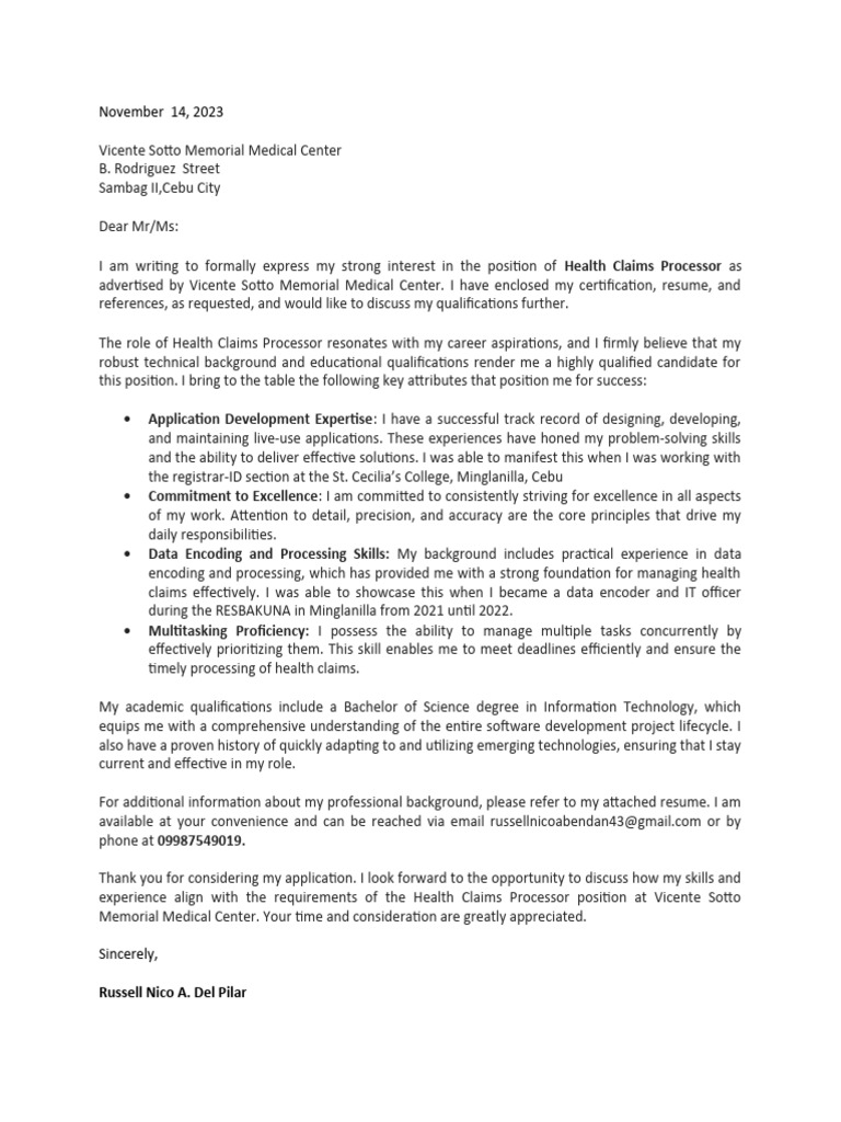 Application Letter Russell Nico A Del Pilar Chong Hua Hospital