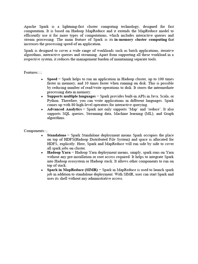Overview of Apache Spark Features | PDF | Apache Spark | Apache Hadoop