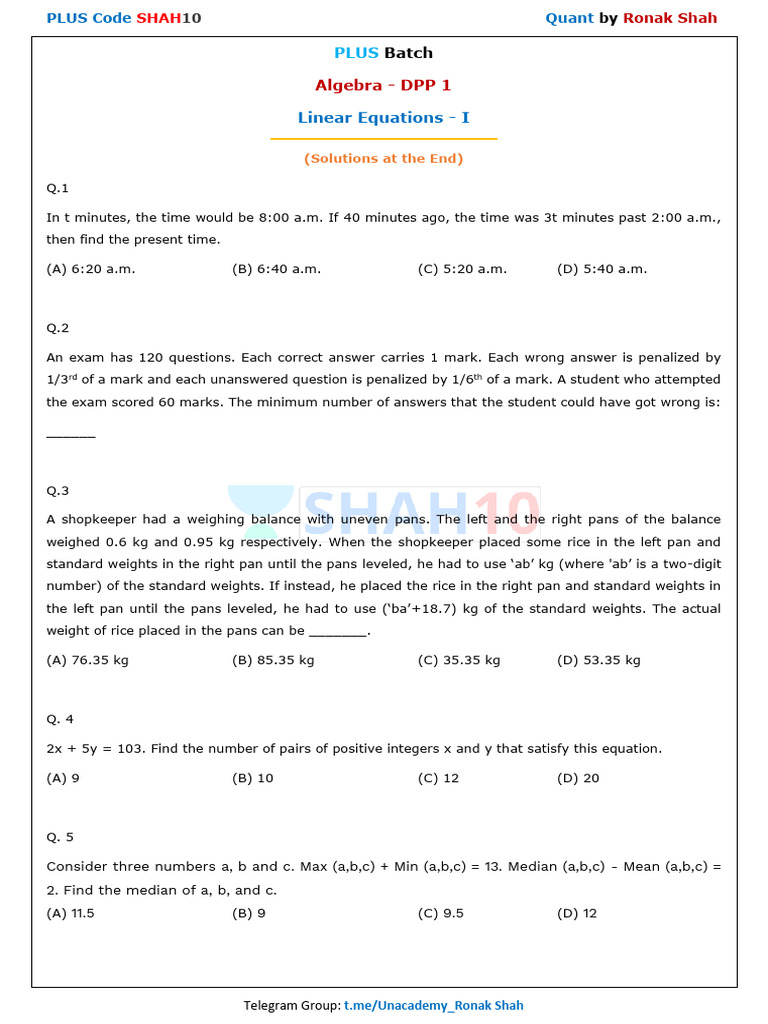 Algebra DPP: Linear Equations Practice | PDF | Equations | Applied ...