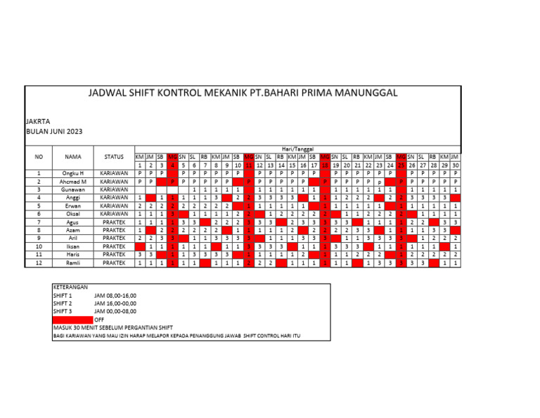 Jadwal Shift Kontrol Juni 2023 | PDF